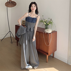 数据好已做货开衫撞色吊带阔腿裤三件套套装1040P185K258，女装套装/套裙，2C176