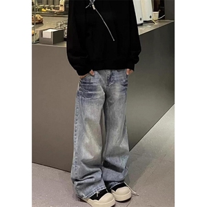 美式复古cleanfit宽松直筒牛仔裤男女百搭阔腿休闲长裤 ND780图片