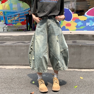 立体压褶廓形水洗磨破美式休闲阔腿宽松七分牛仔裤女弯刀裤图片