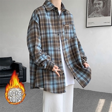 加绒衬衫男冬季新款港风宽松加厚大码磨毛格子长袖衬衣JR18-特P38，男装衬衫，星座214-3
