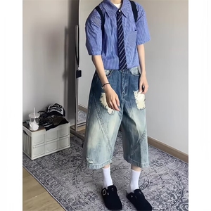 美式复古水洗破洞牛仔短裤男夏季新款阔腿七分裤子高街宽松直筒裤图片