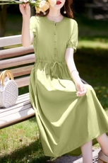 高档纯棉连衣裙女2026夏新款收腰显瘦舒适短袖纯色中长款棉麻裙子，女装连衣裙，倪叶myz