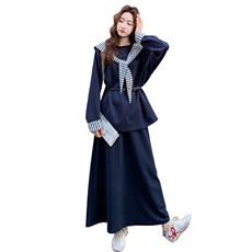 藏青色慵懒风连帽披肩卫衣套装裙女秋季2025新款休闲半身裙两件套，女装套装/套裙，2C159