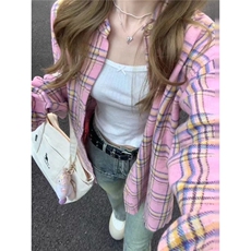 森系甜美粉色格纹衬衫女早秋中厚宽松休闲显瘦中长款衬衣外穿开衫，男装衬衫，星座1210-1
