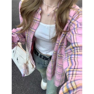 森系甜美粉色格纹衬衫女早秋中厚宽松休闲显瘦中长款衬衣外穿开衫图片