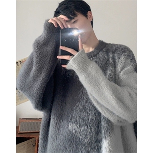 渐变慵懒毛衣男生秋冬仿貂毛时尚针织衫男毛衣外套毛绒 MY7205图片