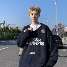 藏蓝色仿貂绒v领毛衣男冬软糯慵懒美式复古针织衫上衣MZ730-P62，男装针织衫/毛衣，星座412-2