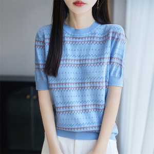 纯棉线条纹圆领针织短袖T恤女2025夏薄款舒适时尚打底半袖t恤上衣图片