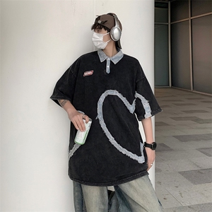 水洗做旧POLO衫男韩版爱心刺绣拼色2026夏季新款insT恤WB060-P46图片