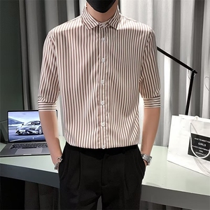 夏季男士衬衫修身中袖七分袖休闲发型师条纹衬衣个性上衣 C3033图片