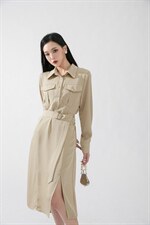 贴口袋腰打皱连衣裙，女装连衣裙，SHANGCHUN·W 汪尚春