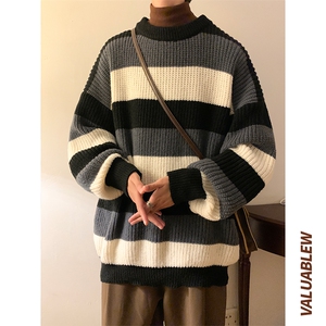 ！22新款宽松大码半高领条纹毛衣加厚针织衫M83-P55控78