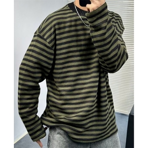 冬季复古慵懒风宽松休闲拼色条纹圆领针织衫套头毛衣男 M7193图片