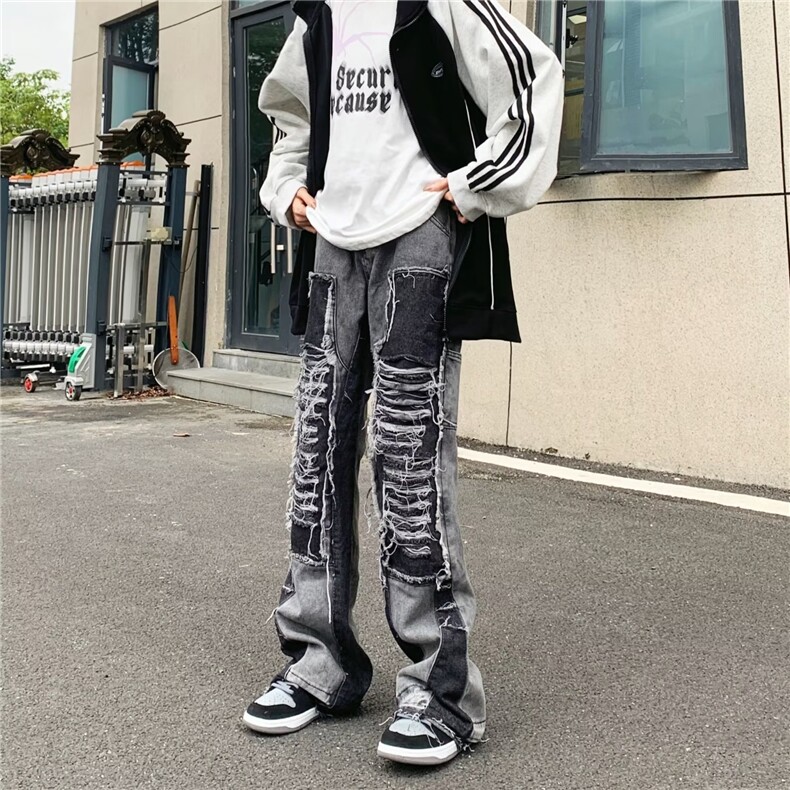 毛边扎染牛仔裤男款春季小众设计感拼接直筒裤高街痞帅宽BK85-P85,男装牛仔裤,星座1109-3
