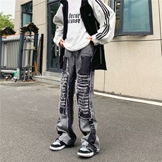 毛边扎染牛仔裤男款春季小众设计感拼接直筒裤高街痞帅宽BK85-P85，男装牛仔裤，星座1109-3