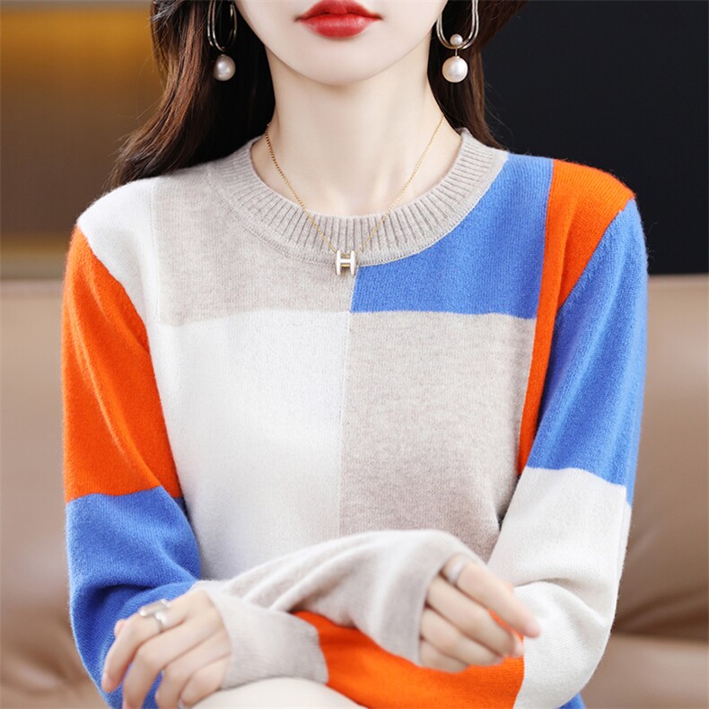 羊毛衫女2024早秋新款圆领嵌花拼色,女装羊毛衫,郡淞羊绒
