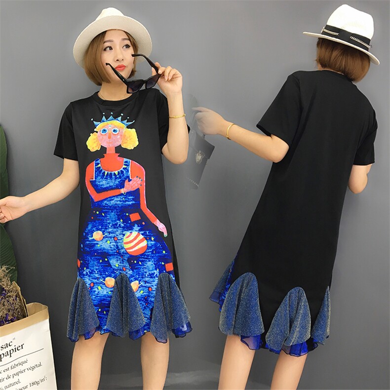 T恤圆领纱网拼接印花2021年夏季短袖中长款时尚韩版潮流图案,女装T恤,诗贝淇