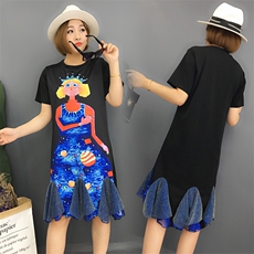 T恤圆领纱网拼接印花2021年夏季短袖中长款时尚韩版潮流图案，女装T恤，诗贝淇