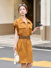 时尚休闲翻领工装风连衣裙女2025夏季新款小个子宽松显瘦短袖裙子，女装连衣裙，沁沁公主