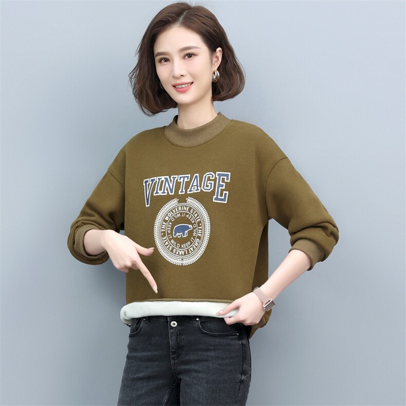 2023年秋季新款潮韩版套头圆领卫衣女时尚印花加绒加厚打底衫女棉,女装卫衣/绒衫,简韵佳