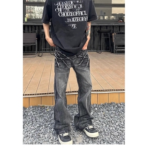1506/Q16170/P51复古黑色水洗直筒牛仔裤宽松直筒阔腿坠感长裤图片