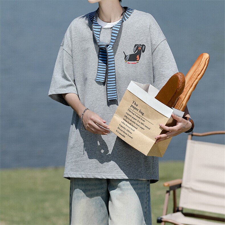 8XL-M纯棉复古拼接假领带设计短袖美式T恤男重工情侣上衣潮DX341，男装T恤，电商D206-1