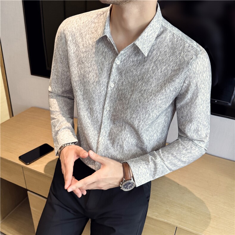 亲肤透气褶皱肌理感细条纹修身长袖衬衫男商务衬衣深灰色C889-P63,男装衬衫,电商A213