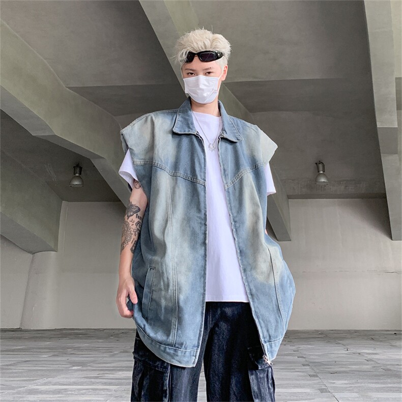 叠穿夏复古水洗牛仔马甲垫肩外套男拉链设计感无袖上衣MJ611-P60,女装短外套,星座302B-2