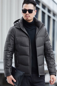 冬款男士白鸭绒羽绒服连帽皮夹克休闲皮衣加绒抗寒保暖皮衣男外套图片