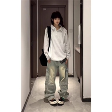 QC3333-P41春季美式复古翻领POLO衫卫衣情侣简约百搭休闲套头，男装Polo衫，电商B323A