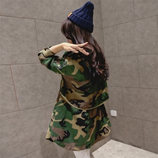 时尚迷彩风衣女宽松显瘦长袖外套休闲百搭潮流上衣，女装风衣，深水步