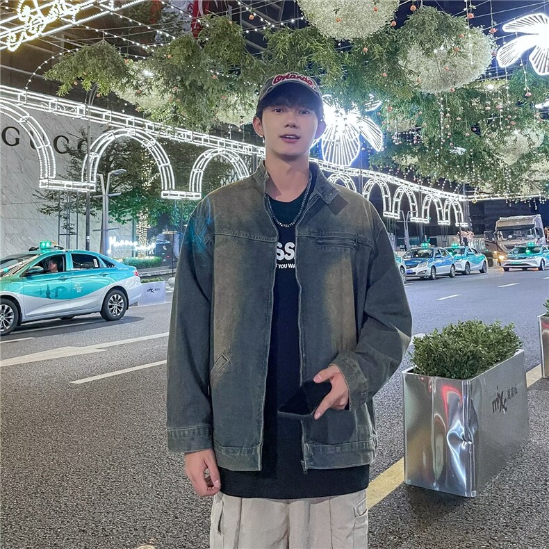 拉链牛仔布宽松型外穿翻领牛仔夹克水洗常规款青少年长袖JH40,男装夹克,星座1116A-1（原606A）
