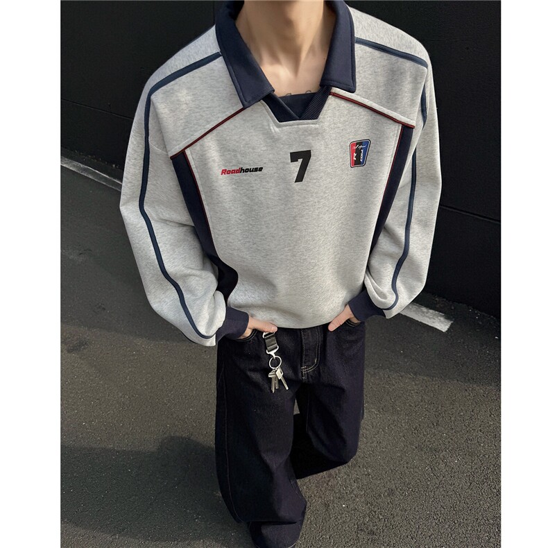 美式复古拼接设计感运动风polo领情侣卫衣宽松外套男H1059P68,女装短外套,电商A341