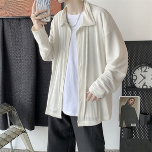 春季 中性港风褶皱纯色宽松长袖衬衫男女情侣外套ins潮 H208/P55图片