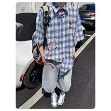 美式复古格子短袖衬衫男夏季宽松刺绣衬衣设计感格纹情侣百搭半袖，男装衬衫，星座506A