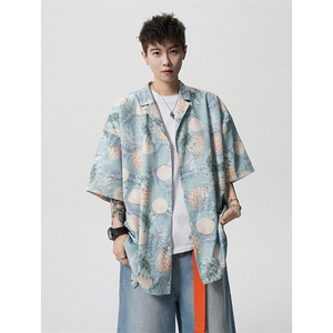 8XL-M 冰丝凉感衬衣垂感透气复古花纹宽松男五分袖短袖衬衫CS526图片