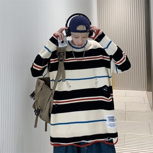 潮牌小众破洞设计感条纹毛衣男慵懒风宽松针织Z857-P40图片