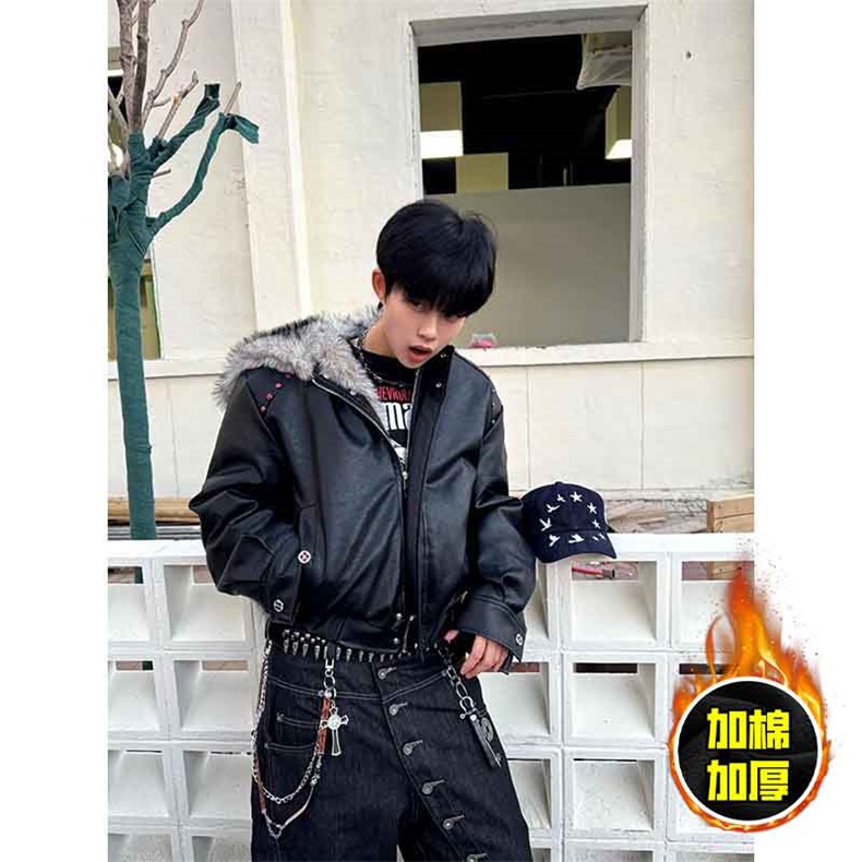现货冬季美式潮牌痞帅PU皮机车服棉衣毛毛绒狼王座山雕皮棉服，男装棉衣，电商A486