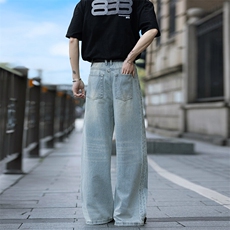 街景浅蓝色复古直筒牛仔裤设计款潮人款男裤长期有货559P49，男装牛仔裤，星座902A