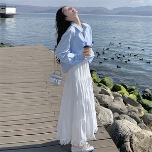 设计款蓝色拼蕾丝衬衣+半裙套装女2025春季新款韩版小个子两件套图片