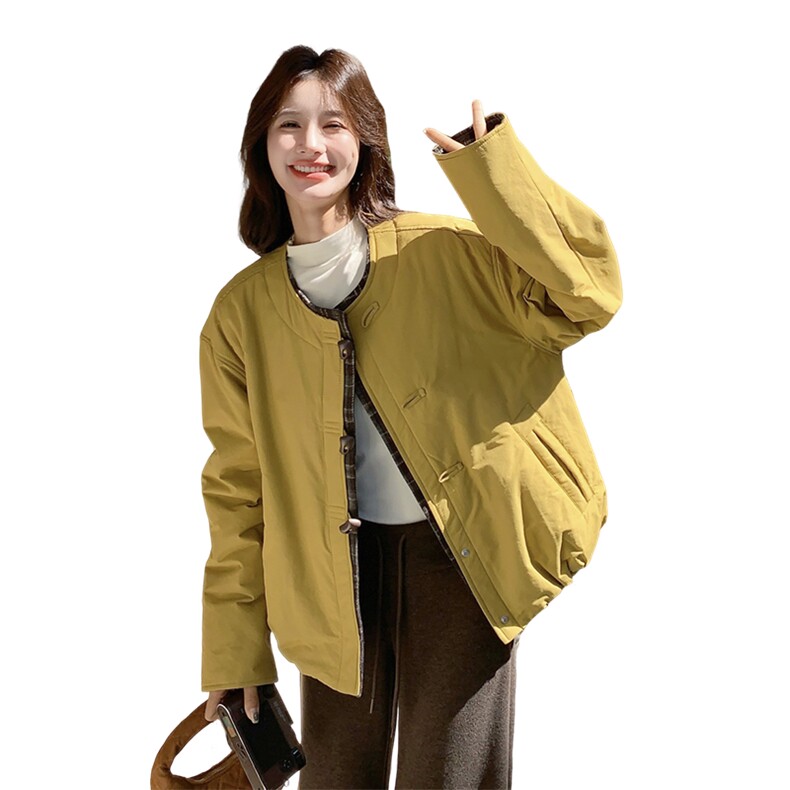 韩系黄色格纹拼接羽绒棉服外套女秋冬2025新款时髦棉袄超漂亮棉衣,女装棉衣/棉服,2B142