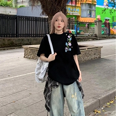 万针全刺绣解构设计260克重磅双纱纯棉高品质美式高街短袖T恤特39，男装T恤，电商A486