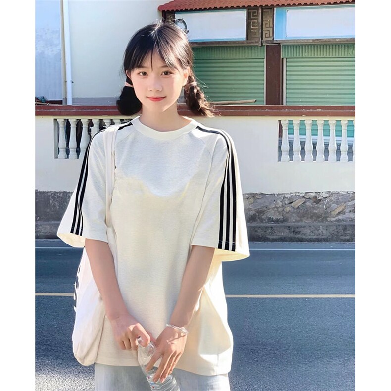 抖音得物高品质二开240克宽松纯棉美式潮牌三条杠织带短袖T恤图片