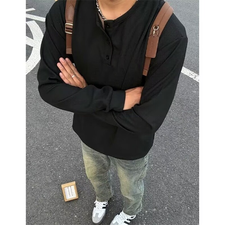 亨利领无帽卫衣男春秋季美式复古慵懒风宽松内搭休闲运动长袖T恤,男装T恤,星座1008