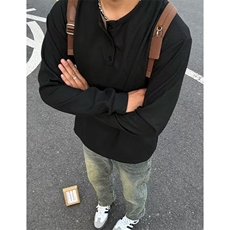 亨利领无帽卫衣男春秋季美式复古慵懒风宽松内搭休闲运动长袖T恤，男装T恤，星座1008