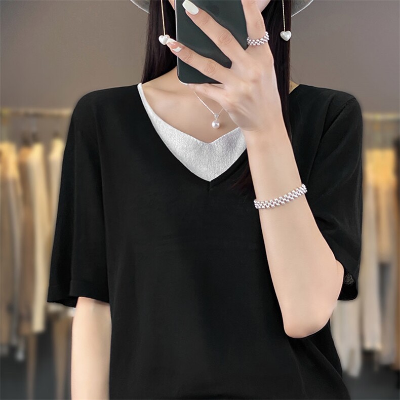 冰丝针织短袖t恤女夏季宽松休闲假两件上衣显瘦v领亚麻半袖打底衫，女装T恤，秋虹羊绒