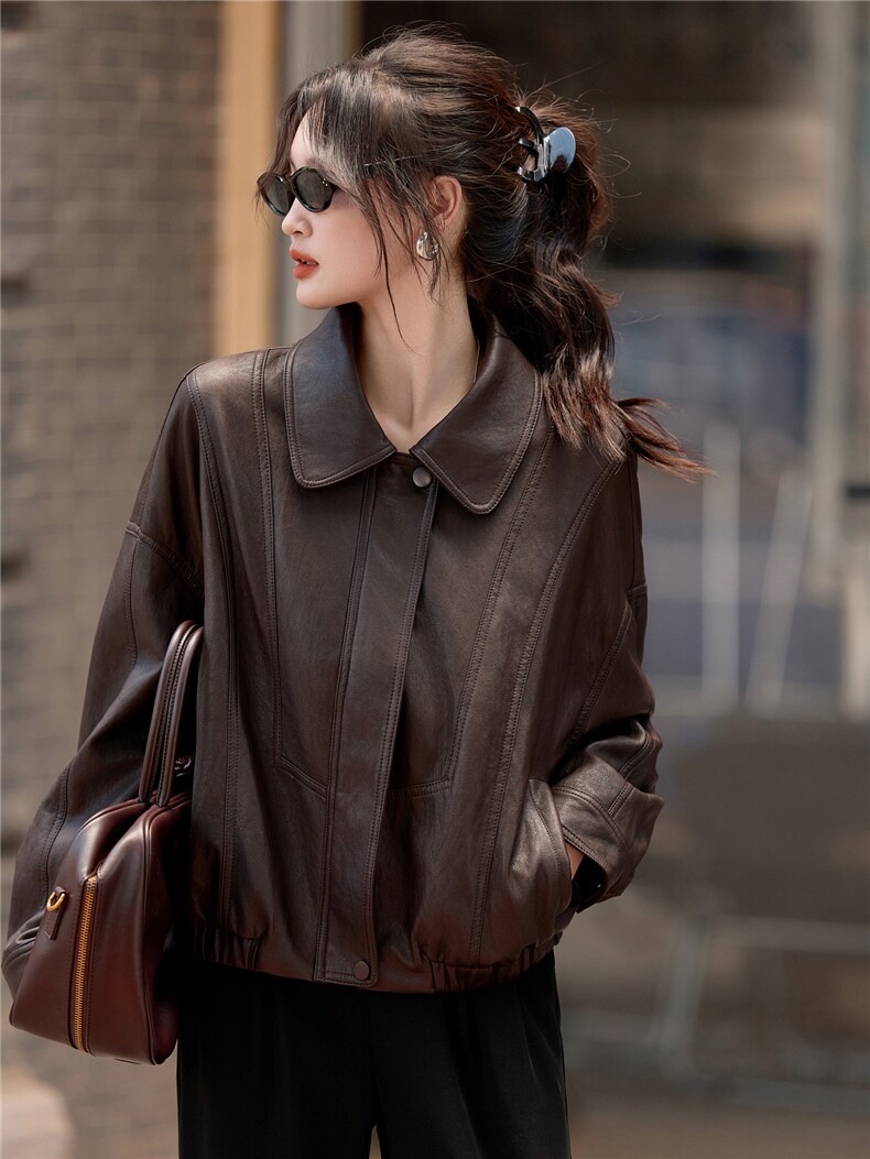 现货新款春季新款女装外套女机车风高级感翻领长袖黑色皮衣休闲,女装皮衣,潮流依族