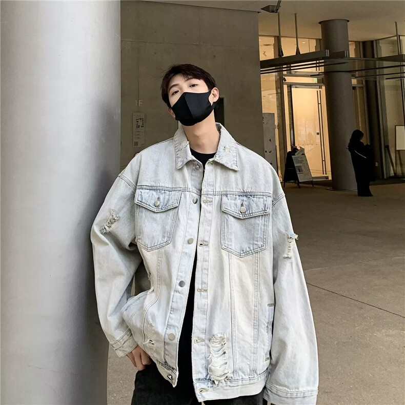 水洗做旧破洞牛仔外套男款春秋季潮牌痞帅高街情侣夹克F01/P62,男装夹克,星座506