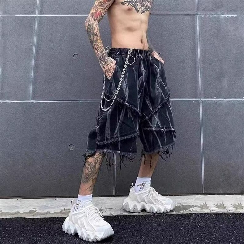 美式扎染牛仔短裤男夏季毛边设计感情侣高街五分裤子潮WLA101-P40图片