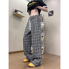 XK468-P35灰色格子裤男夏季薄款慵懒松弛感美式休闲阔腿直筒裤，男装休闲裤，电商A178
